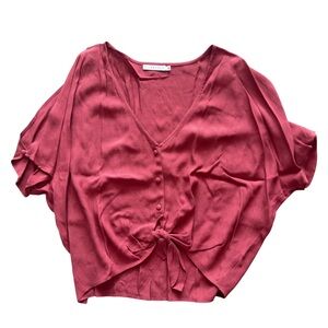 Flynn Skye Burgundy Blouse, Size Medium, V Neck with Tie Detail